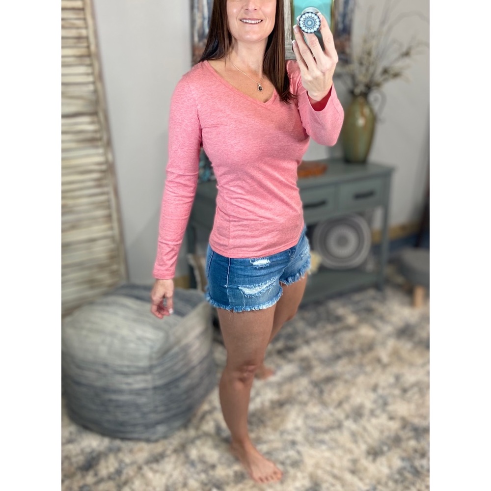 β€οΈβπ₯V-Neck Long Sleeve Basic Slimming Top Marbled Red 1222 - Picture 12 of 12